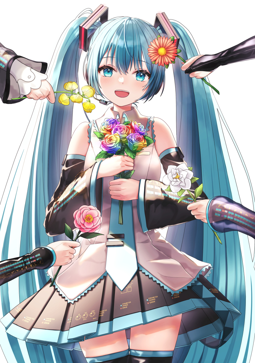 5girls absurdres aqua_eyes aqua_hair aqua_necktie bare_shoulders black_skirt black_sleeves black_thighhighs bloom bouquet camellia commentary daisy detached_sleeves flower grey_shirt hair_ornament hatsune_miku hatsune_miku_(append) hatsune_miku_(nt) hatsune_miku_(vocaloid3) hatsune_miku_(vocaloid4) headphones headset highres holding holding_bouquet holding_flower jasmine_(flower) layered_sleeves light_blush long_hair looking_at_viewer macha_3939 microphone miniskirt multicolored_flower multiple_girls multiple_persona necktie open_mouth out_of_frame piapro_studio pink_flower pleated_skirt rainbow_flower red_flower rose see-through_clothes see-through_sleeves shirt skirt sleeveless sleeveless_shirt smile straight-on sweet_pea teeth thighhighs tie_clip twintails upper_teeth_only very_long_hair vocaloid vocaloid_append white_background white_flower white_sleeves yellow_flower zettai_ryouiki