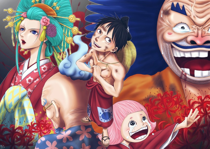 2girls 3boys afro aqua_hair black_hair blue_hair crying crying_with_eyes_open facial_hair flower goatee hair_flower hair_ornament hat unworn_hat unworn_headwear highres hyogoro japanese_clothes k2owo kouzuki_hiyori lipstick long_hair makeup monkey_d._luffy multiple_boys multiple_girls mustache one_piece open_mouth pink_hair shimotsuki_yasuie short_hair smile straw_hat tears toko_(one_piece) topless_male