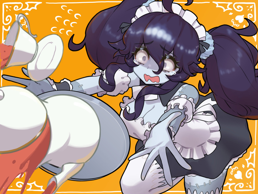 1girl :o @_@ absurdres ahoge alternate_costume alternate_hairstyle black_hair breasts cleavage clumsy colored_skin cup enmaided grey_skin hair_between_eyes halloween_costume hex_maniac_(pokemon) highres jaguarsee large_breasts maid nintendo pokemon pokemon_xy sidelocks solo spilling stitched teacup teapot tearing_up third-party_edit tray twintails wavy_mouth yellow_background