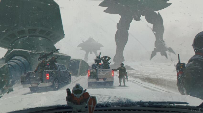 5boys absurdres artist_name assault_rifle big_zam car_interior combat_helmet commentary english_commentary from_inside gun gundam gundam_0083 hands_on_own_head heavy_machine_gun helmet highres holding holding_gun holding_walkie-talkie holding_weapon icemarv14 machine_gun manually-operated_mounted_gun mecha military_combat_uniform military_uniform mobile_armor mobile_suit_gundam motor_vehicle multiple_boys pickup_truck powered_gm rifle robot science_fiction snowing soldier technical toy truck walker_(robot) walkie-talkie walking weapon