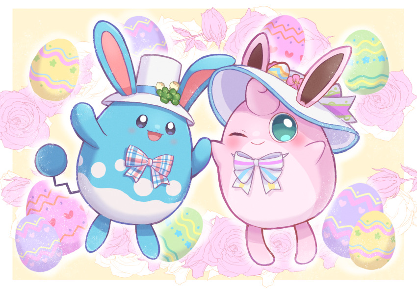 025sakura393 :d ;) azumarill border bow closed_mouth commentary_request easter_egg egg flower gen_1_pokemon gen_2_pokemon green_eyes happy hat holding_hands nintendo no_humans one_eye_closed open_mouth pokemon pokemon_(creature) pokemon_unite smile white_border white_hat wigglytuff wigglytuff_(pastel) yellow_background