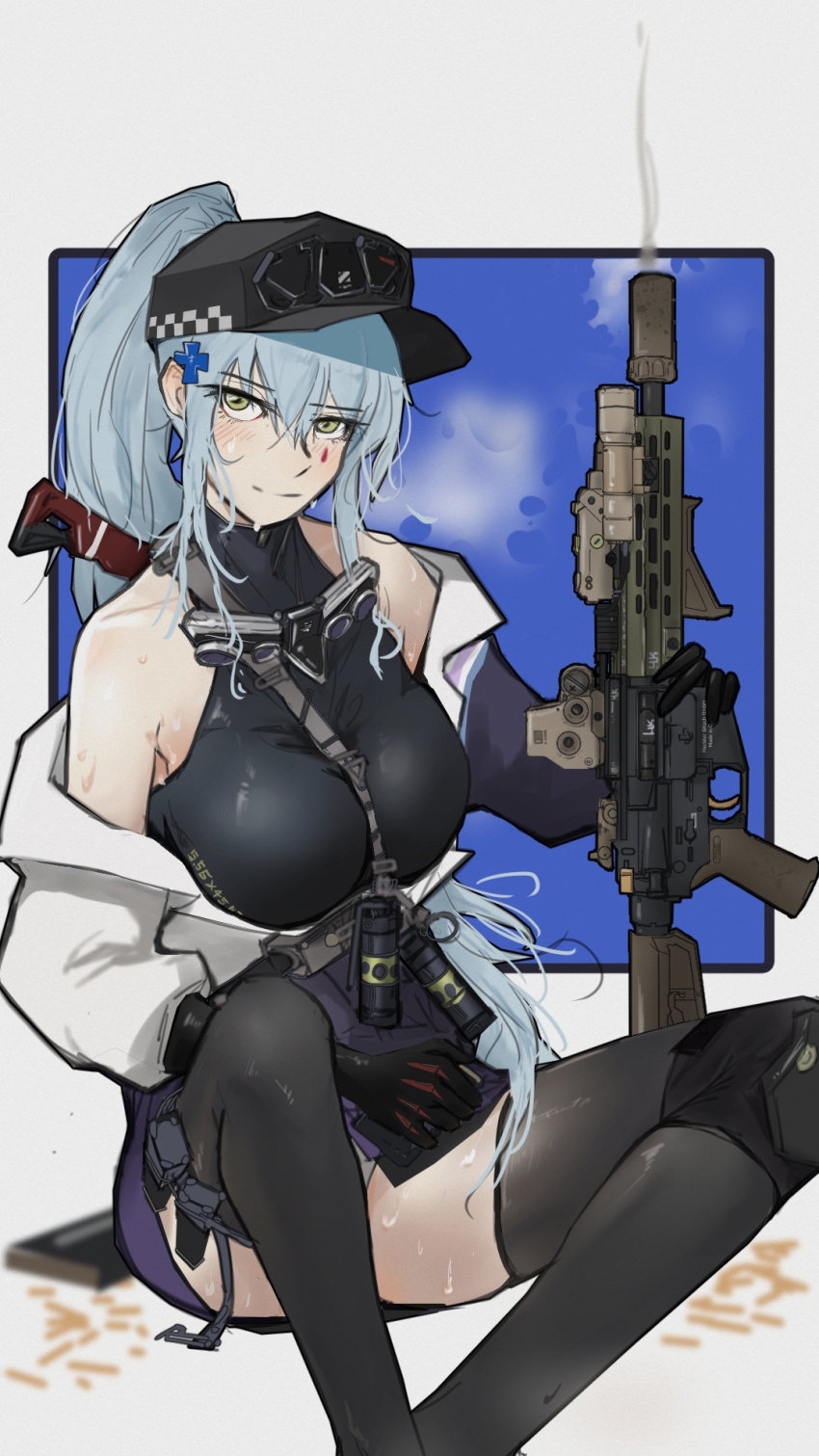 1girl ammunition assault_rifle asymmetrical_bangs bare_shoulders baseball_cap black_gloves black_leotard black_shirt black_thighhighs blue_background breasts cross_hair_ornament eotech eotech_exps3 explosive flashlight girls&#039;_frontline girls&#039;_frontline_2:_exilium gloves green_eyes grenade gun gun_sling h&amp;k_hk416 hair_between_eyes hair_ornament hat high_ponytail highres hk416_(girls&#039;_frontline) holding holding_gun holding_magazine_(weapon) holding_weapon jacket klukai_(girls&#039;_frontline_2) knee_pads large_breasts leotard light_smile long_hair long_sidelocks looking_at_viewer magazine_(weapon) messy_hair michaeliadalto9 open_clothes parted_bangs peq ponytail purple_jacket red_tattoo rifle shirt sidelocks simple_background sitting smile smoke smoking_barrel spread_legs suppressor sweat tactical_clothes tattoo teardrop_tattoo thigh_strap thighhighs weapon white_background white_hair