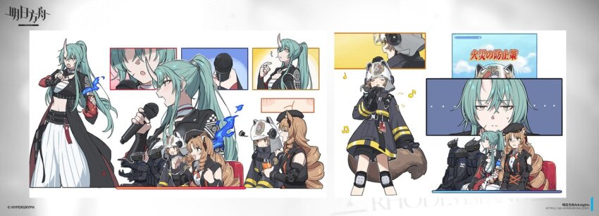 2others 3girls arknights blue_fire fire gaijin_4koma_(meme) green_hair horns hoshiguma_(arknights) hoshiguma_the_breacher_(arknights) lgd_officer meme microphone multiple_girls multiple_others music shaw_(arknights) singing single_horn sweatdrop swire_(arknights) tail teshima_nari