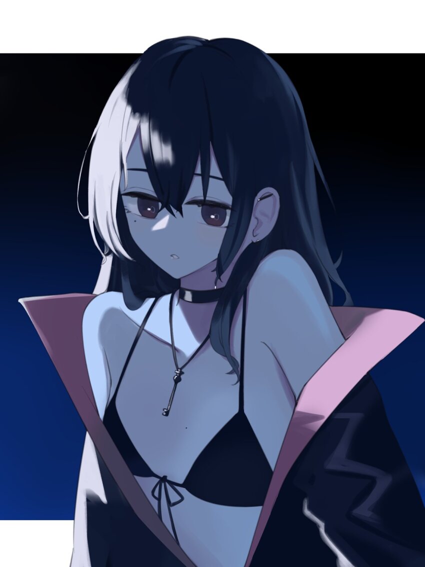 1girl bikini bikini_top_only black_background black_bikini black_choker blue_background breasts choker commentary_request ear_piercing flat_chest front-tie_bikini_top front-tie_top girls&#039;_frontline girls&#039;_frontline_neural_cloud gradient_background hair_between_eyes hatsuchiri_(neural_cloud) highres hinami047 jewelry key key_necklace long_hair looking_at_viewer mole mole_on_breast mole_under_eye necklace parted_lips piercing solo swimsuit upper_body white_background