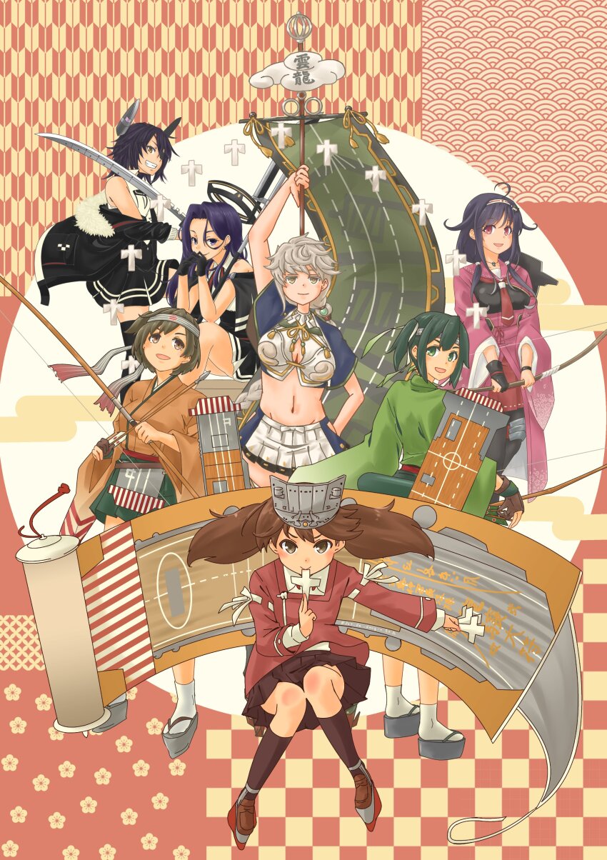 6+girls absurdres alternate_hair_length alternate_hairstyle black_gloves black_hair black_jacket black_skirt black_thighhighs braid breasts brown_eyes brown_hair checkered_background flight_deck fur-trimmed_jacket fur_trim gloves green_eyes green_hair grey_hair grin hair_flaps halo headgear highres hiryuu_(kancolle) jacket kanji_connection kantai_collection large_breasts long_hair mast mechanical_halo midriff multiple_girls muneate name_connection polearm pot-de purple_hair red_eyes ryuuhou_(kancolle) ryuuhou_kai_ni_(kancolle) ryuujou_(kancolle) scroll shikigami shinigami short_hair single_braid skirt smile souryuu_(kancolle) sword taigei_(kancolle) tatsuta_(kancolle) tatsuta_kai_ni_(kancolle) tenryuu_(kancolle) tenryuu_kai_ni_(kancolle) thighhighs twintails unryuu_(kancolle) visor_cap weapon yagasuri yellow_eyes