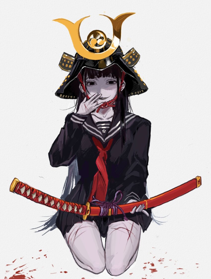 1girl armor black_eyes black_hair black_sailor_collar black_serafuku black_shirt black_skirt blood commentary cuts full_body hand_up helmet highres injury japanese_armor kabuto_(helmet) katana long_hair long_sleeves looking_at_viewer min_do-sik missing_finger neckerchief original pale_skin red_neckerchief sailor_collar school_uniform seiza serafuku sheath sheathed shirt simple_background sitting skirt smile solo sword weapon white_background
