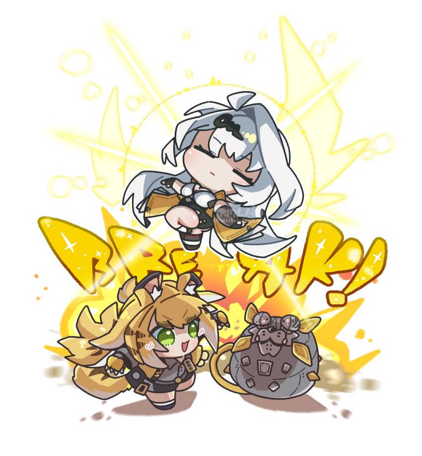 2girls ahoge animal_ear_fluff animal_ears arikuigames1105 asymmetrical_gloves black_unitard chibi chibi_only closed_eyes elbow_gloves fingerless_gloves gloves grey_shirt hair_ornament high-waist_shorts highres jacket ju_fufu long_hair multiple_girls orange_fur shirt shorts single_elbow_glove single_hair_intake smile striped_fur tail tiger_ears tiger_girl tiger_stripes tiger_tail white_hair yellow_jacket yixuan_(zenless_zone_zero) zenless_zone_zero
