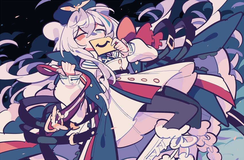 1girl ahoge arknights black_background black_pantyhose blue_coat blue_eyes blue_hat blush boots coat commentary dress false_smile fur-trimmed_boots fur_trim hat heterochromia holding holding_paper long_hair long_sleeves looking_at_viewer one-hour_drawing_challenge pantyhose paper red_eyes rosa_(arknights) simple_background smile solo very_long_hair white_boots white_dress white_hair ym_dpl