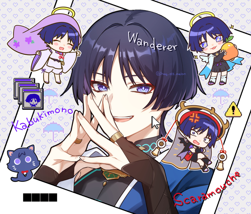 +_+ 3boys anger_vein animalization armor black_bodysuit black_bridal_gauntlets black_footwear black_kimono black_shorts black_wings blue_cape blue_sleeves blunt_ends bodysuit bridal_gauntlets bright_pupils cape character_name closed_eyes clothing_cutout constricted_pupils crossed_arms crossed_legs demon_wings dutch_angle eyeliner eyeshadow feathers fingernails floral_print furisode genshin_impact glowing_markings gold_trim hag_(hag_015) hair_intakes halo halo_behind_head hat highres japanese_armor japanese_clothes kariginu kimono kote kurokote layered_kimono layered_sleeves leg_warmers makeup mandarin_collar multiple_boys multiple_persona open_clothes open_kimono open_mouth outstretched_arms pelvic_curtain person_and_animalization photo_(object) pink_veil pom_pom_(clothes) purple_cat purple_eyes purple_hair purple_kimono purple_sash purple_sleeves red_eyeliner red_eyeshadow red_hat sandals sash scaramouche_(cat)_(genshin_impact) scaramouche_(genshin_impact) scaramouche_(kabukimono)_(genshin_impact) shorts shoulder_cutout shoulder_peek spread_arms steepled_fingers string toeless_footwear toeless_legwear veil wanderer_(genshin_impact) white_kimono white_leg_warmers white_pupils white_sleeves white_wings wide_sleeves wings yellow_feathers yellow_halo zouri