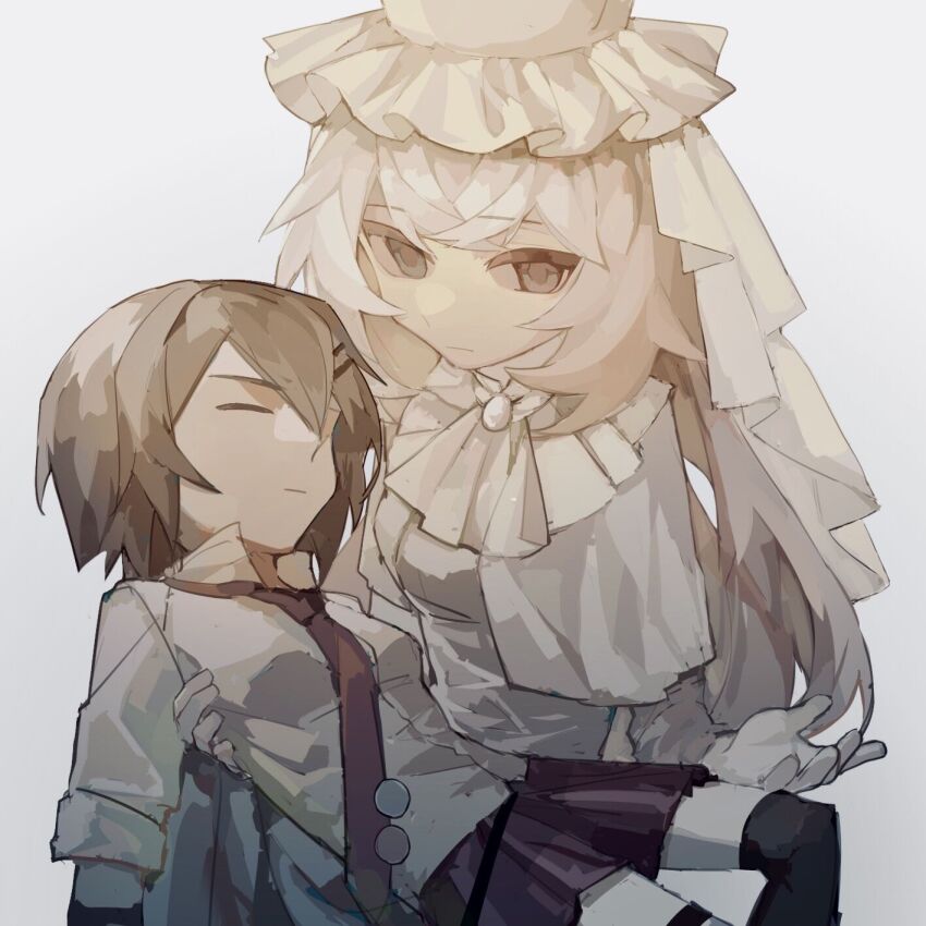 blue_eyes carrying carrying_person closed_eyes cscarus gloves highres kure_kirika magical_girl mahou_shoujo_madoka_magica mahou_shoujo_oriko_magica medium_hair mikuni_oriko princess_carry white_gloves white_hair yuri