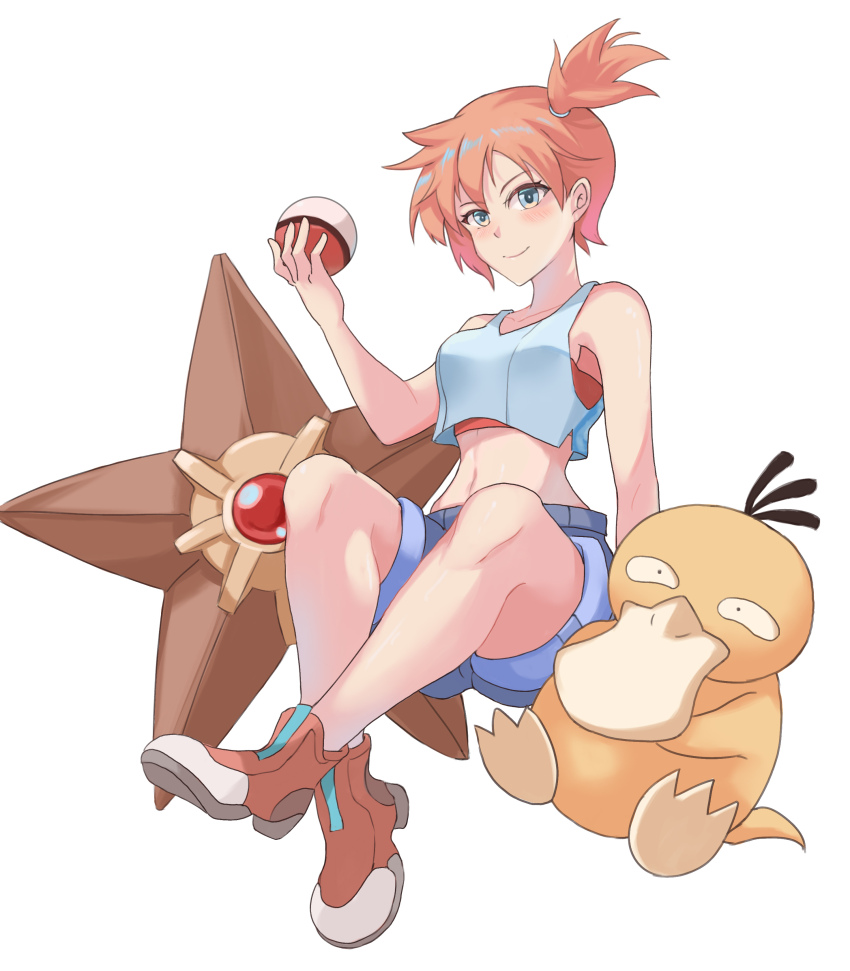1girl bare_shoulders blue_eyes blue_shorts blush breasts closed_mouth creatures_(company) crop_top denim denim_shorts eyelashes game_freak gen_1_pokemon gym_leader hand_up holding holding_poke_ball legs looking_at_viewer midriff misty_(pokemon) navel nintendo orange_hair poke_ball poke_ball_(basic) pokemon pokemon_(anime) pokemon_(classic_anime) pokemon_lgpe pokemon_rgby ponytail psyduck shirt shoes short_hair short_shorts shorts side_ponytail sitting sleeveless sleeveless_shirt smile solo staryu tank_top thighs