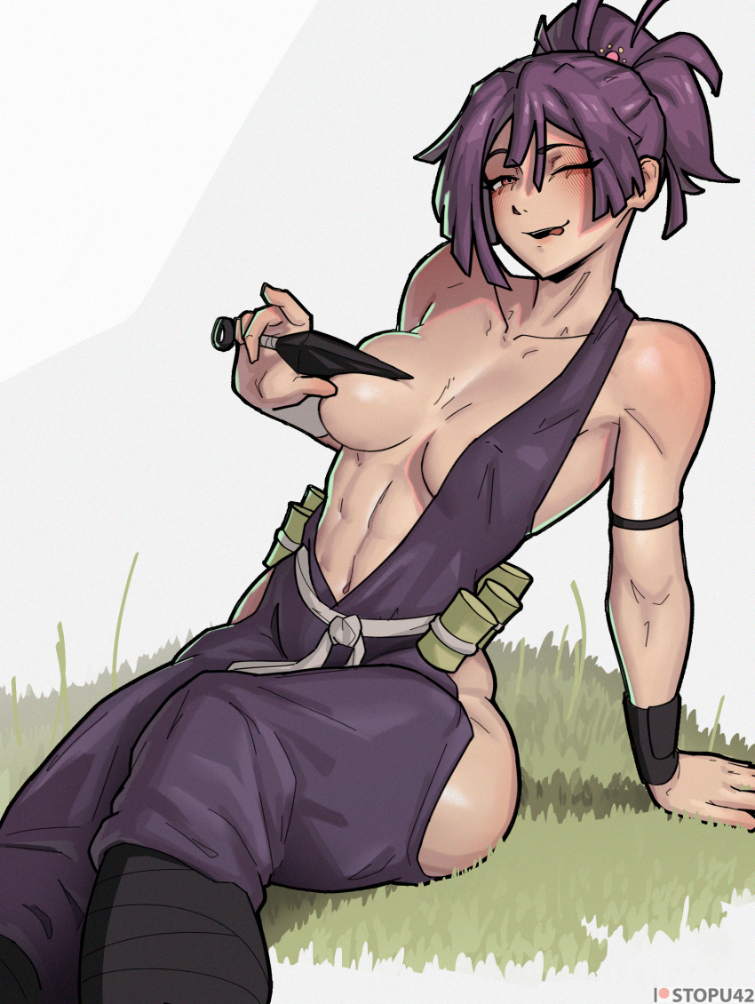 1girl abs arm_support armband bare_shoulders blush breasts brown_eyes center_opening closed_eyes collarbone commentary covering_privates covering_breasts english_commentary grass hair_between_eyes half-closed_eye highres hip_vent holding holding_knife holding_weapon japanese_clothes jigokuraku kimono knife kunai medium_breasts navel ninja off_shoulder one_eye_closed paid_reward_available parted_lips patreon_username purple_hair purple_kimono sash simple_background sitting solo stopu toned tongue tongue_out topknot weapon white_sash wristband yuzuriha_(jigokuraku)