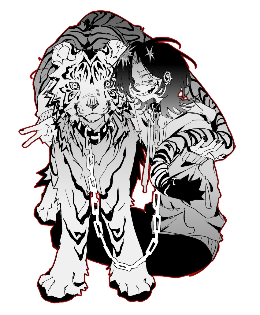 1boy absurdres chain chain_leash collar constricted_pupils creepypasta drawstring greyscale grin highres hood hoodie jeff_the_killer leash long_hair long_sleeves male_focus medium_hair monochrome outline red_outline simple_background sitting smile solo spot_color tiger very_long_hair white_background xiboliya_suanxing_shengwu