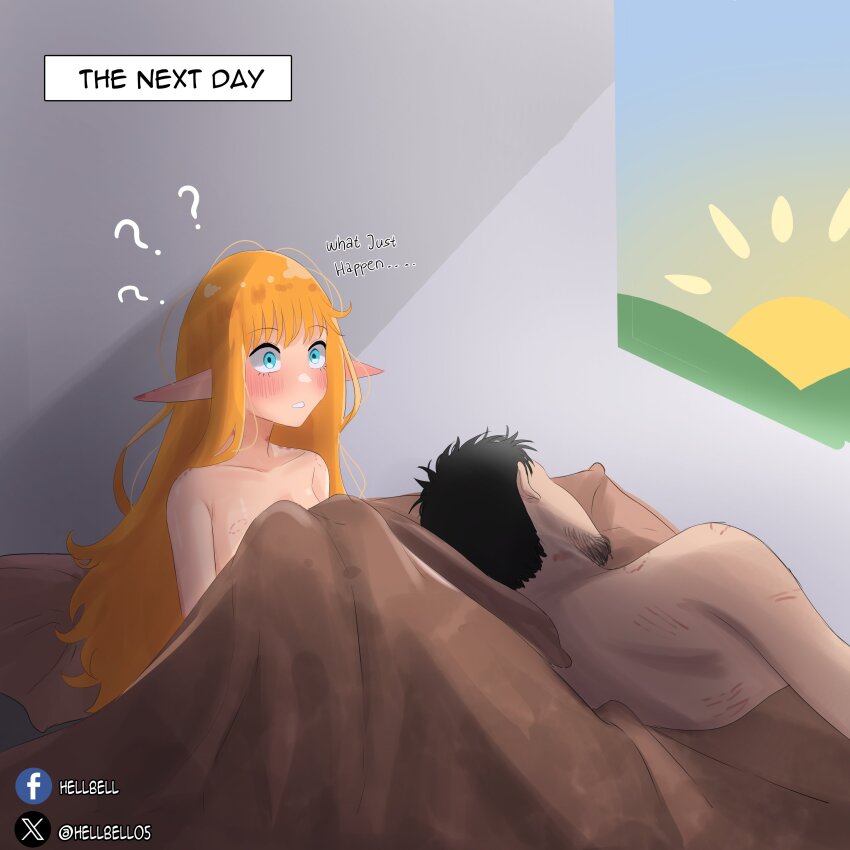 1boy 1girl ? absurdres bite_mark blush bruise collarbone elf elf_(merrivius) elf_comic english_text hair_down hellbell highres human_(merrivius) injury long_hair pointy_ears scratches short_hair sleeping sunrise under_covers