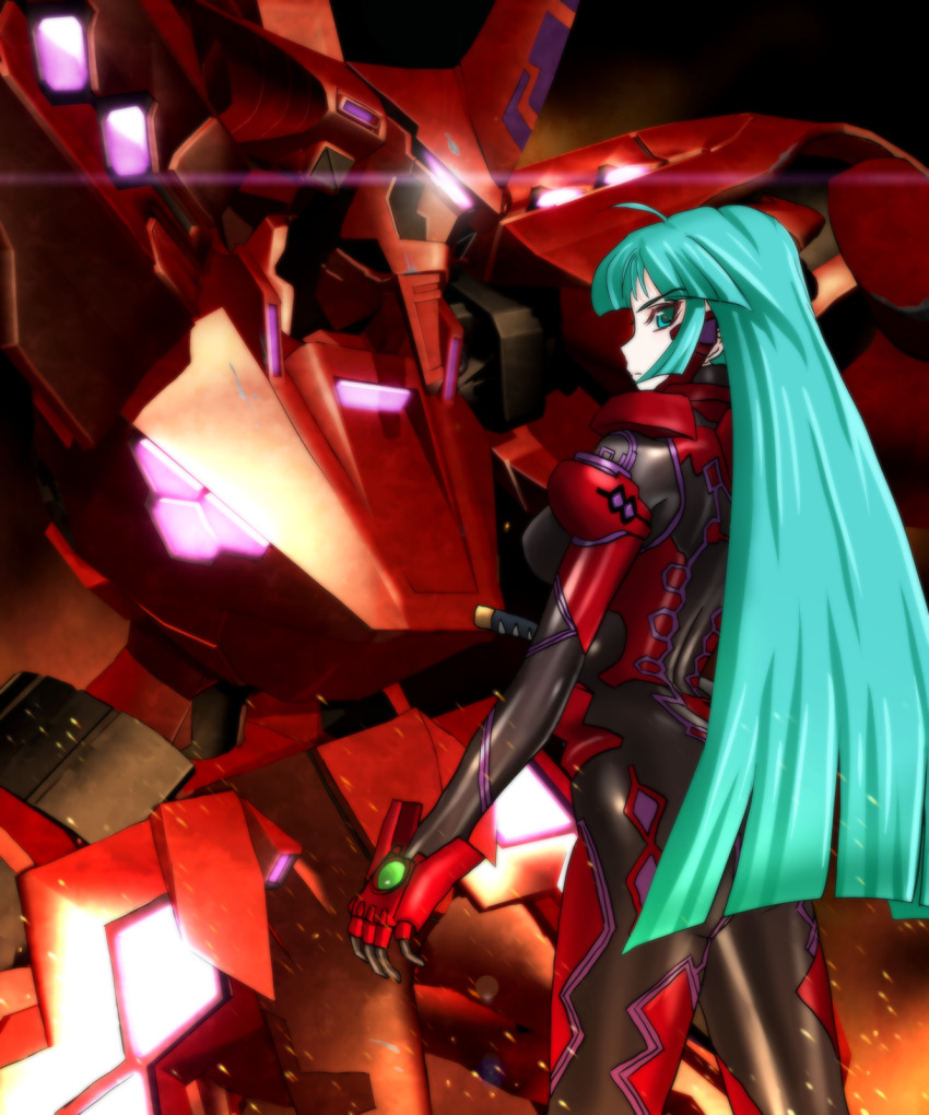1girl ass black_bodysuit bodysuit breasts embers fortified_suit genya_(genya67) glowing green_eyes green_hair highres large_breasts long_hair looking_at_viewer mecha mecha_pilot_suit muv-luv muv-luv_alternative open_hand pilot_suit robot skin_tight tactical_surface_fighter tsukuyomi_mana type_00_takemikazuchi very_long_hair visor
