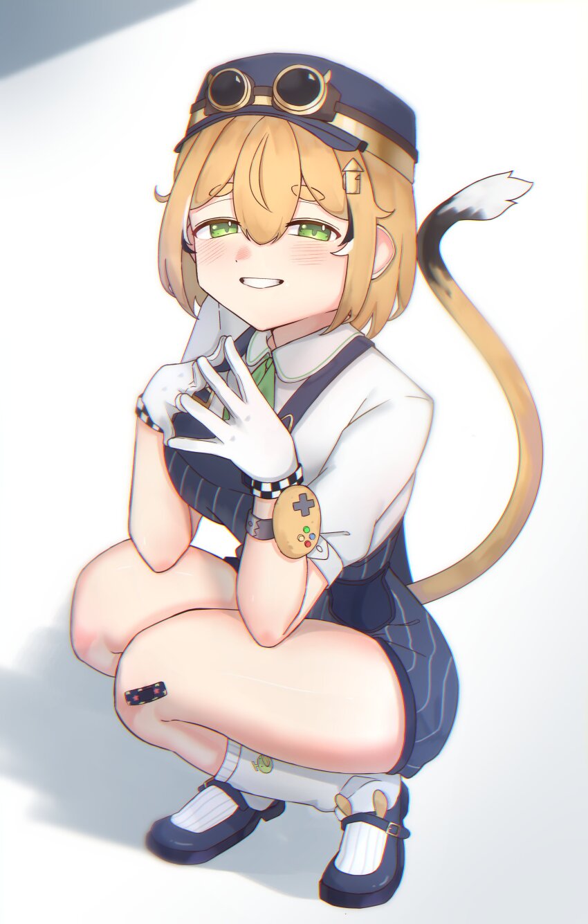 1girl absurdres black_hair blonde_hair blue_hat blue_overalls blush closed_mouth commentary dooby_(vtuber) hat highres indie_virtual_youtuber jahe_png jerboa_tail looking_at_viewer multicolored_hair overalls shirt short_hair smile solo streaked_hair symbol-only_commentary virtual_youtuber white_shirt