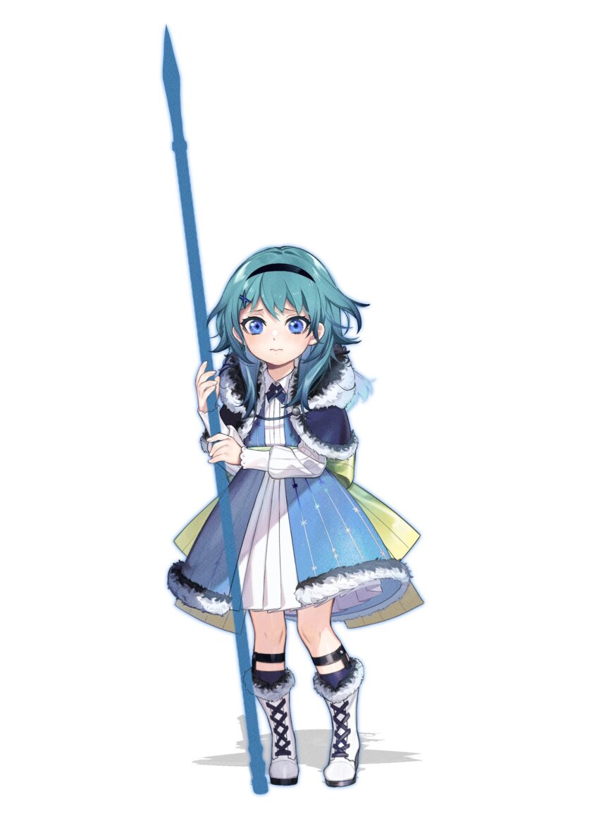 1girl aged_down bad_id bad_twitter_id black_socks blue_coat blue_eyes boots child clovisxvii coat dress female_byleth_(fire_emblem) fire_emblem fire_emblem:_three_houses frilled_dress frills full_body fur-trimmed_coat fur_trim green_hair highres holding holding_polearm holding_weapon knee_boots kneehighs knees long_sleeves medium_hair nintendo polearm ribbed_dress simple_background socks solo weapon white_background white_boots white_dress