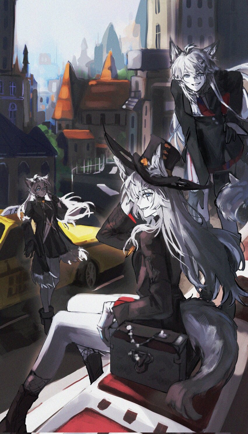 3girls ambience_synesthesia animal_ears arknights black_coat black_jacket black_skirt bolo_tie car chinese_commentary city coat commentary commentary_request corrupted_twitter_file day english_commentary film_grain forever9_(user_jwem4753) grey_eyes grey_hair grey_tail highres jacket lappland_(arknights) lappland_(refined_horrormare)_(arknights) lappland_the_decadenza_(arknights) long_hair looking_at_viewer mixed-language_commentary motor_vehicle multiple_girls multiple_persona outdoors profile sitting sketch skirt smile standing tail taxi wolf_ears wolf_girl wolf_tail