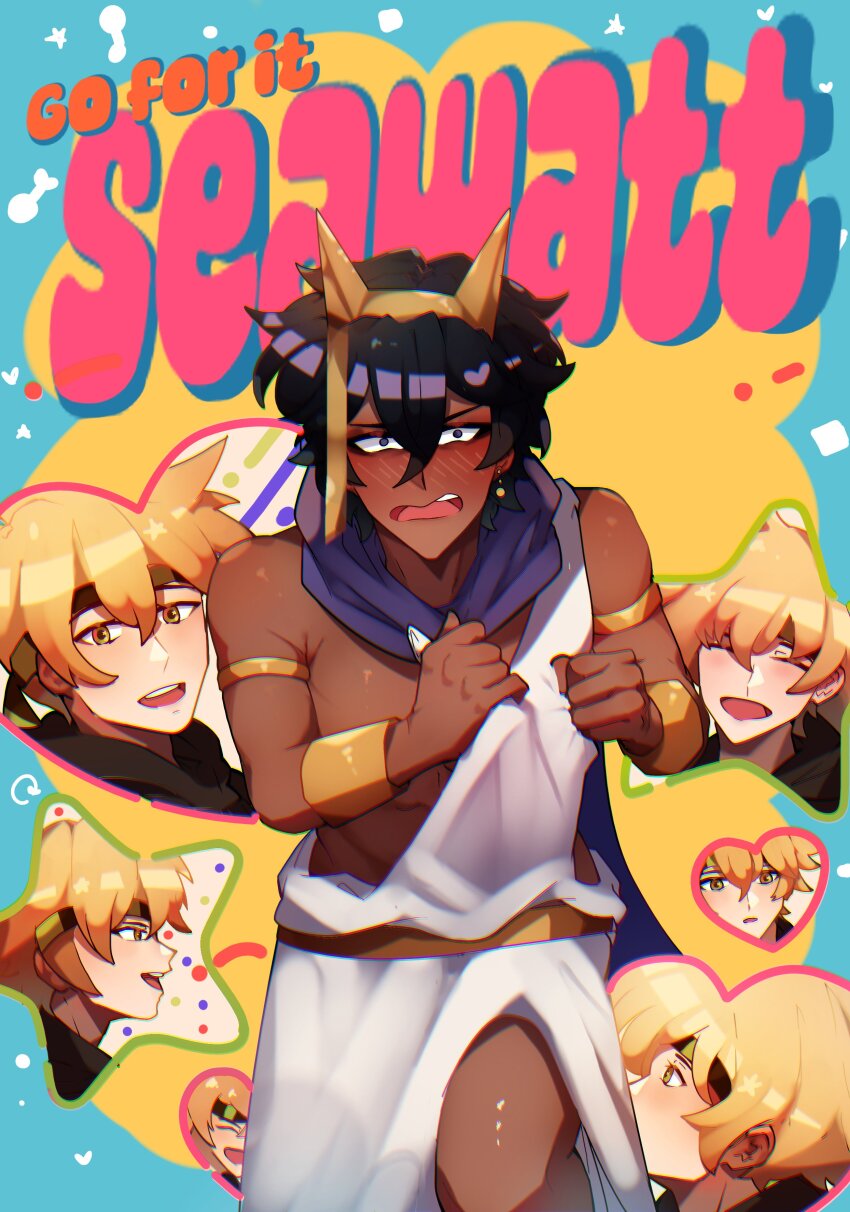 2boys absurdres ancient_egyptian_clothes black_hair blonde_hair blush book_cover_redraw commentary cover cover_page cowboy_shot dark-skinned_male dark_skin derivative_work evbo fake_cover ganbare!_nakamura-kun!! garybobdarkness headband heart highres interracial male_focus manga_cover minecraft_youtube multiple_boys multiple_views open_mouth parkour_civilization parody robe seawattgaming short_hair standing striped_headband white_robe yaoi