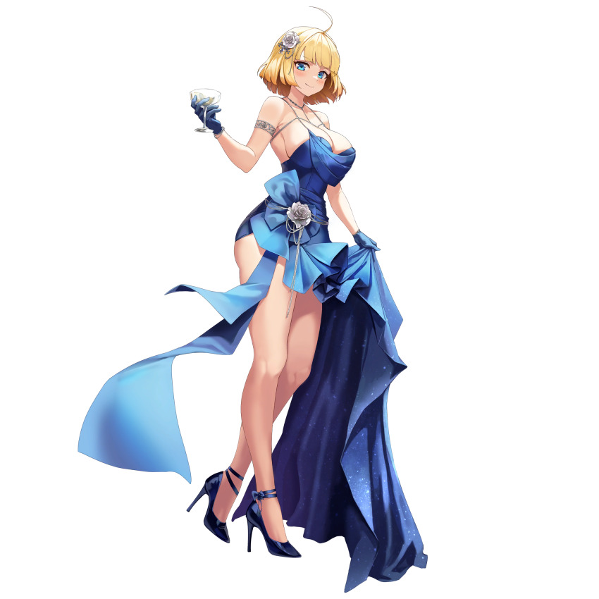 1girl ahoge alcohol armlet bare_shoulders blonde_hair blue_dress blue_eyes blue_gloves blue_ribbon blue_shoes blush bracelet breasts champagne cleavage closed_mouth collarbone cup d-log dress drinking_glass dutch_angle flower full_body gloves griffon_(last_origin) hair_flower hair_ornament half-skirt halter_dress halterneck heart heart-shaped_pupils high_heels highres holding holding_cup jewelry large_breasts last_origin long_dress long_skirt looking_at_viewer necklace official_alternate_costume official_art patent_heels pumps ribbon rose shoes short_hair sideboob simple_background skirt skirt_hold sleeveless sleeveless_dress smile solo standing stiletto_heels symbol-shaped_pupils tachi-e third-party_source transparent_background white_flower white_rose