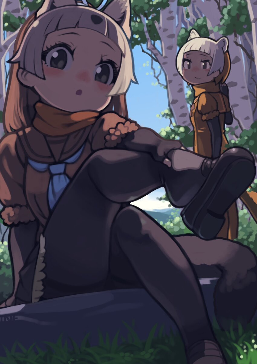 2girls animal_ears black_pantyhose blue_neckerchief blunt_bangs blush brown_footwear brown_hair brown_skirt brown_sweater extra_ears frilled_skirt frills fur_trim green_eyes highres japanese_marten_(kemono_friends) kemono_friends kemono_friends_3 loafers long_hair looking_at_viewer multicolored_hair multiple_girls neckerchief orange_fur orange_hair orange_scarf orange_sweater pantyhose pleated_skirt puffy_short_sleeves puffy_sleeves rinx sable_(kemono_friends) sailor_collar scarf shoe_dangle shoes short_hair short_sleeves sidelocks sitting skirt sweater tail two-tone_hair white_hair