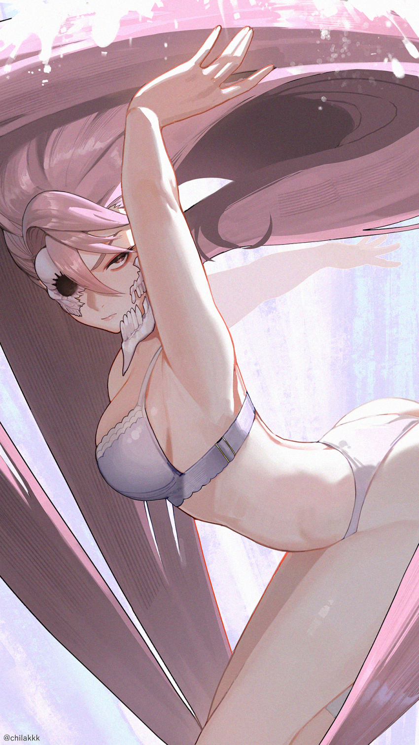 1girl absurdly_long_hair arm_up artist_name ass bra breasts chilakkk closed_mouth commentary dandadan eyeshadow highres large_breasts leaning_forward long_hair looking_at_viewer makeup mask panties pink_eyes pink_eyeshadow pink_hair pink_lips purple_bra purple_panties sanpaku serious shiratori_aira_(dandadan) skull_mask solo torn_mask twitter_username underwear underwear_only very_long_hair