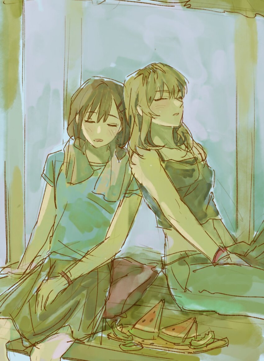 2girls black_camisole blue_pants blue_shirt blush brown_hair camisole closed_eyes closed_mouth commentary food fruit girls_band_cry grey_hair highres iseri_nina jjab_p kawaragi_momoka long_hair low_twintails multicolored_hair multiple_girls open_mouth pants roots_(hair) shirt short_hair short_twintails sidelocks sitting sleeping sleeping_on_person twintails watermelon watermelon_slice