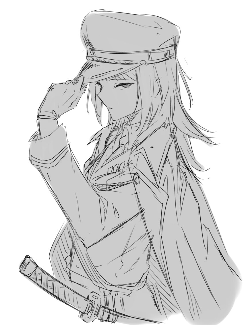1girl 22/7 22/7_ongaku_no_jikan adjusting_clothes adjusting_headwear bang_dream! bang_dream!_it&#039;s_mygo!!!!! commentary_request gloves greyscale hat highres jacket jacket_on_shoulders kanade_(kanade_3344) katana military_hat monochrome necktie simple_background solo sword upper_body weapon white_background yahata_umiri