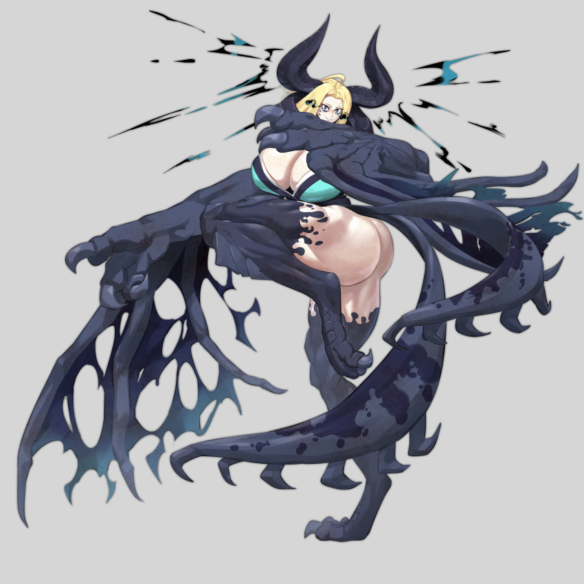 1girl absurdres animal_legs ass blonde_hair blue_eyes breasts claws commission dragon full_body grey_background highres horns huge_breasts large_horns leg_up looking_at_viewer monster_girl original parted_lips pixiv_commission qtime_702 smile solo tail thick_thighs thighs wyvern