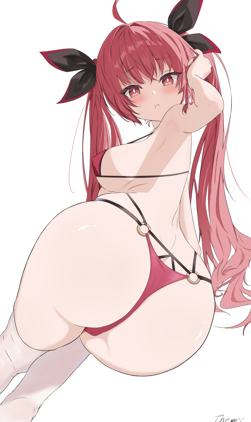 1girl absurdres adjusting_hair ahoge armpits ass azur_lane bikini black_ribbon breasts date_a_live hair_ribbon hand_up highres itsuka_kotori itsuka_kotori_(waterside_goddess) large_breasts long_hair looking_at_viewer o-ring o-ring_bikini official_alternate_costume pout red_bikini red_eyes red_hair ribbon signature simple_background solo swimsuit theme-_- thighhighs twintails white_background white_thighhighs