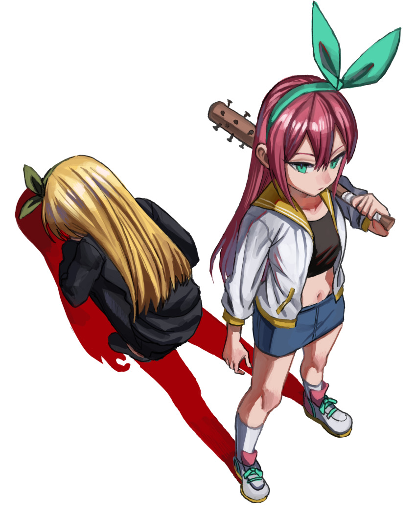 2girls aged_down aqua_eyes aqua_hairband arm_at_side aubrey_(faraway)_(omori) aubrey_(omori) back-to-back baseball_bat black_pants black_shirt black_shoes blonde_hair blue_skirt bow_hairband closed_mouth collarbone commentary_request cropped_shirt denim denim_skirt double-parted_bangs dual_persona from_above full_body green_hairband hair_between_eyes hairband hand_up highres holding holding_baseball_bat jacket kneehighs long_hair long_sleeves looking_at_viewer midriff miniskirt multiple_girls nail nail_(hardware) nail_bat navel omori pants pink_hair sailor_collar shadow shirt shoelaces shoes shousan_(hno3syo) simple_background skirt sneakers socks squatting straight_hair white_background white_jacket white_sneakers white_socks yellow_sailor_collar