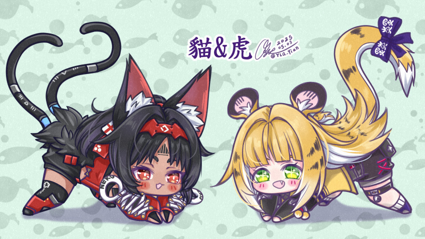 2girls absurdres animal_ear_fluff animal_ears black_hair blonde_hair cat_ears cat_girl cat_tail dark-skinned_female dark_skin highres ju_fufu long_hair looking_at_viewer multiple_girls nekomiya_mana open_mouth red_eyes smile tail thighhighs tiger_ears tiger_girl translation_request y.l.q. zenless_zone_zero