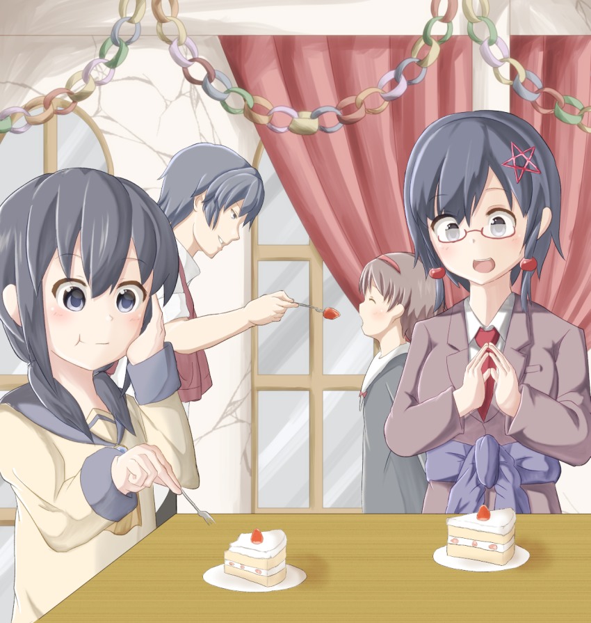 1boy 3girls artist_request black_hair blue_eyes brown_hair cake corpse_party dress closed_eyes food fork glasses hair_ornament hairband happy highres kizami_yuuya long_hair low_twintails mochida_yuka multiple_girls open_mouth saenoki_naho school_uniform shinozaki_ayumi short_hair smile star_(symbol) star_hair_ornament twintails