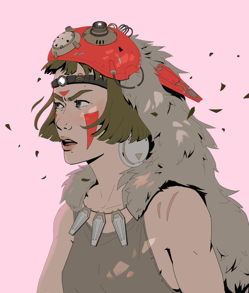 1girl absurdres amanda_kiefer black_eyes brown_hair cape commentary english_commentary facepaint facial_mark fur_cape furrowed_brow highres horizon_(video_game) horizon_zero_dawn jewelry mononoke_hime necklace open_mouth pelt pink_background pink_lips profile san_(mononoke_hime) solo toned toned_female upper_body v-shaped_eyebrows