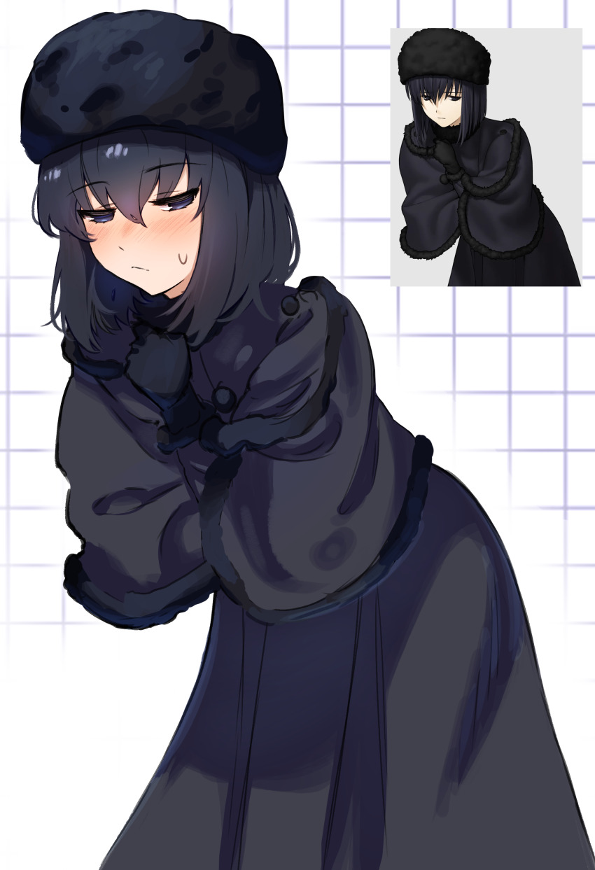 1girl absurdres black_capelet black_dress black_eyes black_hair black_hat blush capelet closed_mouth dress fur-trimmed_capelet fur_hat fur_trim game_screenshot_inset hair_between_eyes half-closed_eyes hat highres kuonji_alice looking_at_viewer mahou_tsukai_no_yoru short_hair solo sweatdrop vinsycal