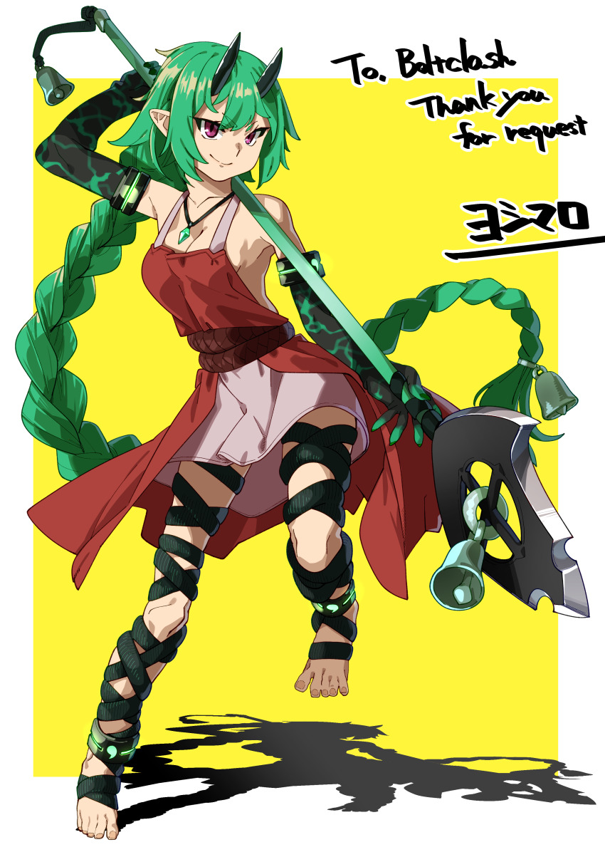1girl absurdres anklet armlet bare_shoulders barefoot bell black_gloves black_horns black_rope border braid breasts cleavage collarbone commissioner_name demon_horns detached_sleeves elbow_gloves feet fighting_stance gem gloves green_gemstone green_gloves green_hair green_rope hair_bell hair_ornament highres holding holding_polearm holding_weapon horns jade_(boltclash) jade_pendant jewelry long_bangs long_hair looking_at_viewer magatama_(symbol) medium_breasts oni original pointy_ears polearm purple_eyes rope signature single_braid skinny skirt smile smirk solo spear spread_toes standing standing_on_one_leg thank_you tiptoes toenails toes very_long_hair weapon white_border yellow_background yoshimaro