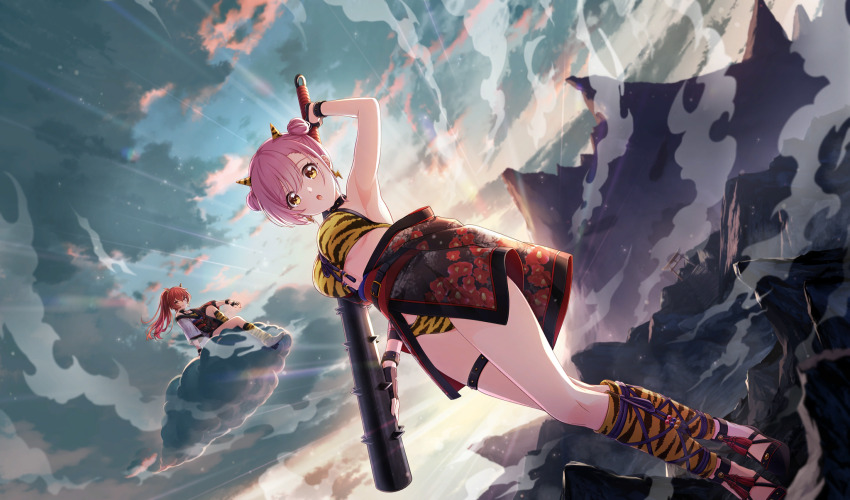 2girls agatsuma_sora animal_print belt belt_buckle bikini black_belt black_footwear buckle cinderella_series cloud club club_(weapon) double_bun dutch_angle fake_horns film_grain floral_print from_below full_body game_cg hachigatsu_no_cinderella_nine hair_bun highres holding holding_club holding_weapon horns kanabou light_particles light_rays looking_at_viewer mountain multiple_girls non-web_source official_alternate_hairstyle official_art on_cloud oni_costume open_mouth outdoors pink_hair print_bikini red_eyes sakurada_chiyo sitting sky spiked_club standing sunbeam sunlight swimsuit tiger_print torii weapon yellow_eyes