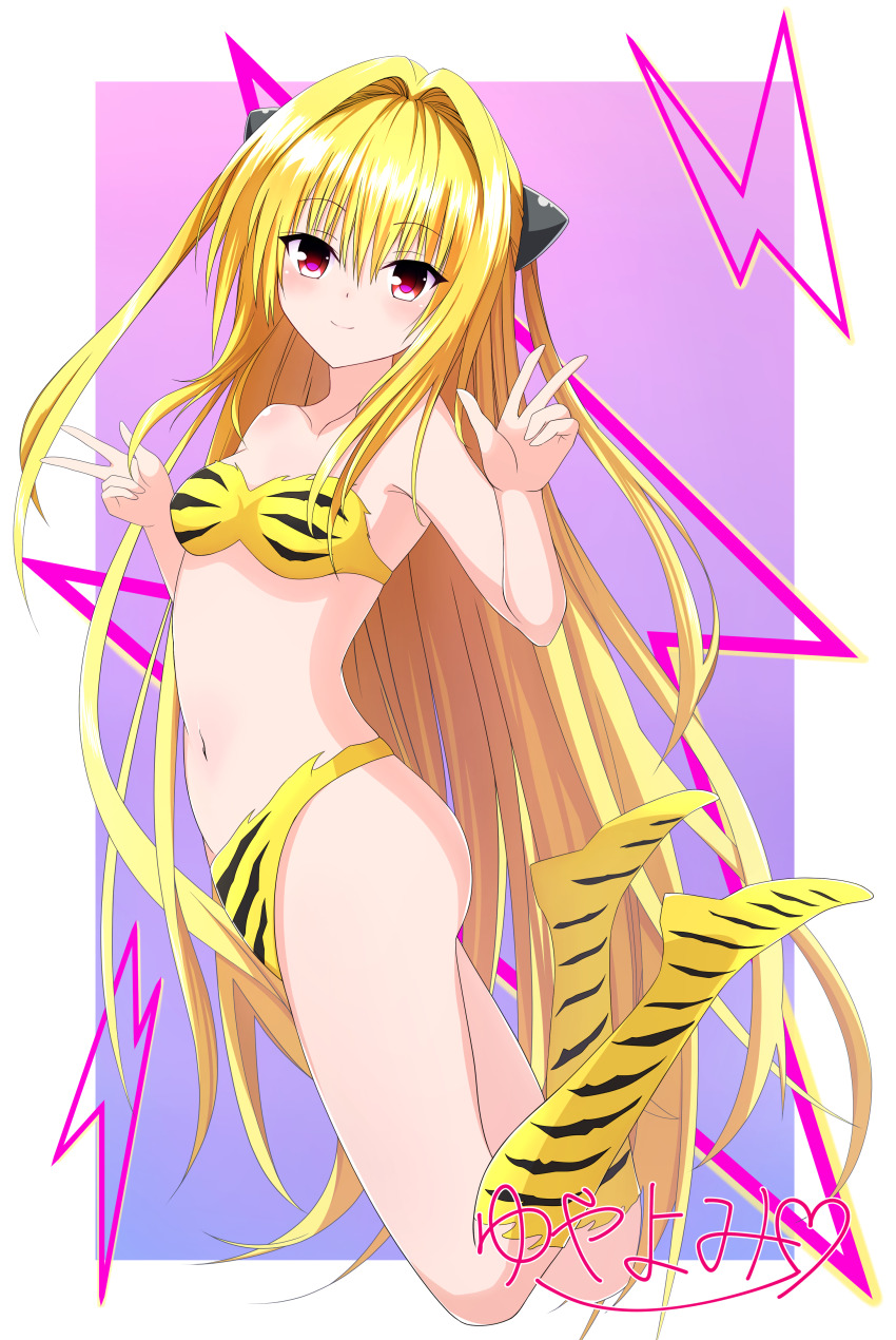 absurdres ass bare_arms bare_shoulders belly blonde_hair blush bra collarbone cosplay dot_nose double_v eyebrows_hidden_by_hair framed full_body gradient_background hair_between_eyes hair_intakes hands_up highres konjiki_no_yami lightning_bolt_symbol long_hair lum lum_(cosplay) navel nude raised_eyebrows red_eyes shadow sidelocks signature simple_background smile socks thighs tiger_panties tiger_stripes to_love-ru two_side_up underwear urusei_yatsura v very_long_hair yellow_bra yellow_socks yuyayomi