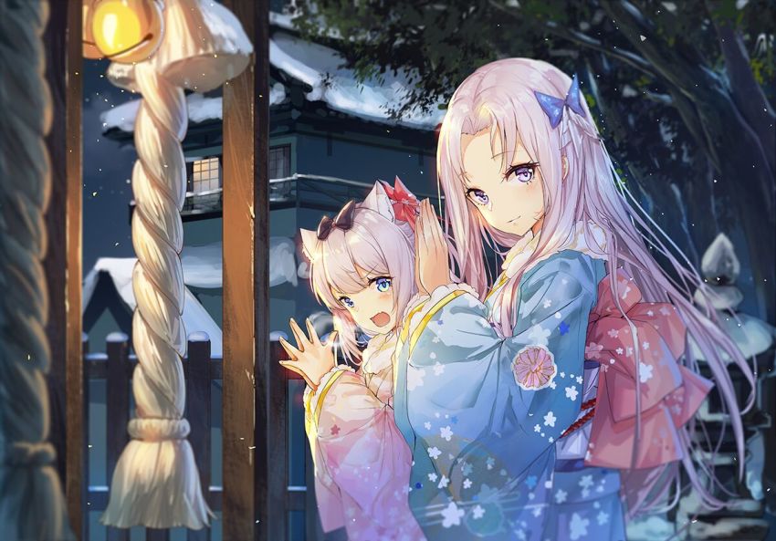 2girls animal_ear_fluff animal_ears azur_lane bell blue_bow blue_eyes blue_kimono blurry blush bow breath building cat_ears closed_mouth commentary depth_of_field fence floral_print forehead from_side fur-trimmed_sleeves fur_collar fur_trim grey_hair hair_bow haitang hammann_(azur_lane) hands_up house japanese_clothes jingle_bell kimono long_hair long_sleeves looking_at_viewer looking_to_the_side multiple_girls night obi own_hands_together parted_bangs praying print_kimono purple_eyes rope sash sidelocks smile snow stone_lantern symbol-only_commentary tree upper_body v-shaped_eyebrows very_long_hair wide_sleeves winter yorktown_(azur_lane)