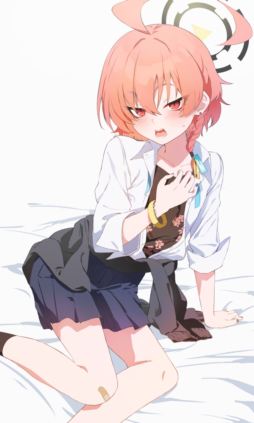 1girl absurdres ahoge asymmetrical_bangs black_jacket black_shirt black_skirt blue_archive blush braid breasts clothes_around_waist collared_shirt dress_shirt halo highres huge_ahoge jacket jacket_around_waist kuu_(user_gngs5284) long_sleeves looking_at_viewer mole mole_under_eye neru_(blue_archive) neru_(school_uniform)_(blue_archive) open_mouth orange_hair pleated_skirt red_eyes shirt short_hair side_braid skirt small_breasts solo tag thighs white_shirt