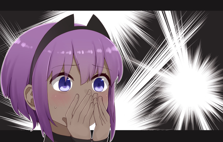 1girl blush covered_mouth dark-skinned_female dark_skin fate/prototype fate/prototype:_fragments_of_blue_and_silver fate_(series) hair_between_eyes hands_up hassan_of_serenity_(fate) head highres i.u.y letterboxed purple_eyes purple_hair solo sweat