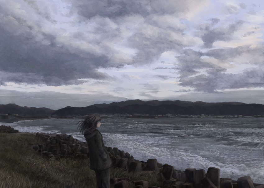 1girl absurdres akebonobashi_(artist) black_hair cloud cloudy_sky commentary_request dated_commentary from_behind highres hood hood_down lake landscape medium_hair mountain mountainous_horizon ocean original outdoors rock scenery shore sky solo standing water waves wide_shot