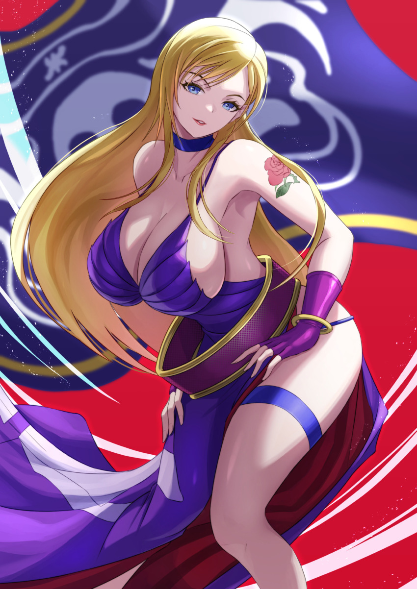 1girl arm_tattoo artist_name blonde_hair blue_eyes blush breasts cleavage dress ema_(emaura) fatal_fury fingerless_gloves garou:_mark_of_the_wolves gloves hands_on_own_hips highres huge_breasts b._jenet leaning_forward legs long_hair parted_lips pink_lips seductive_gaze seductive_smile smile snk solo tattoo the_king_of_fighters thick_thighs thighs thong