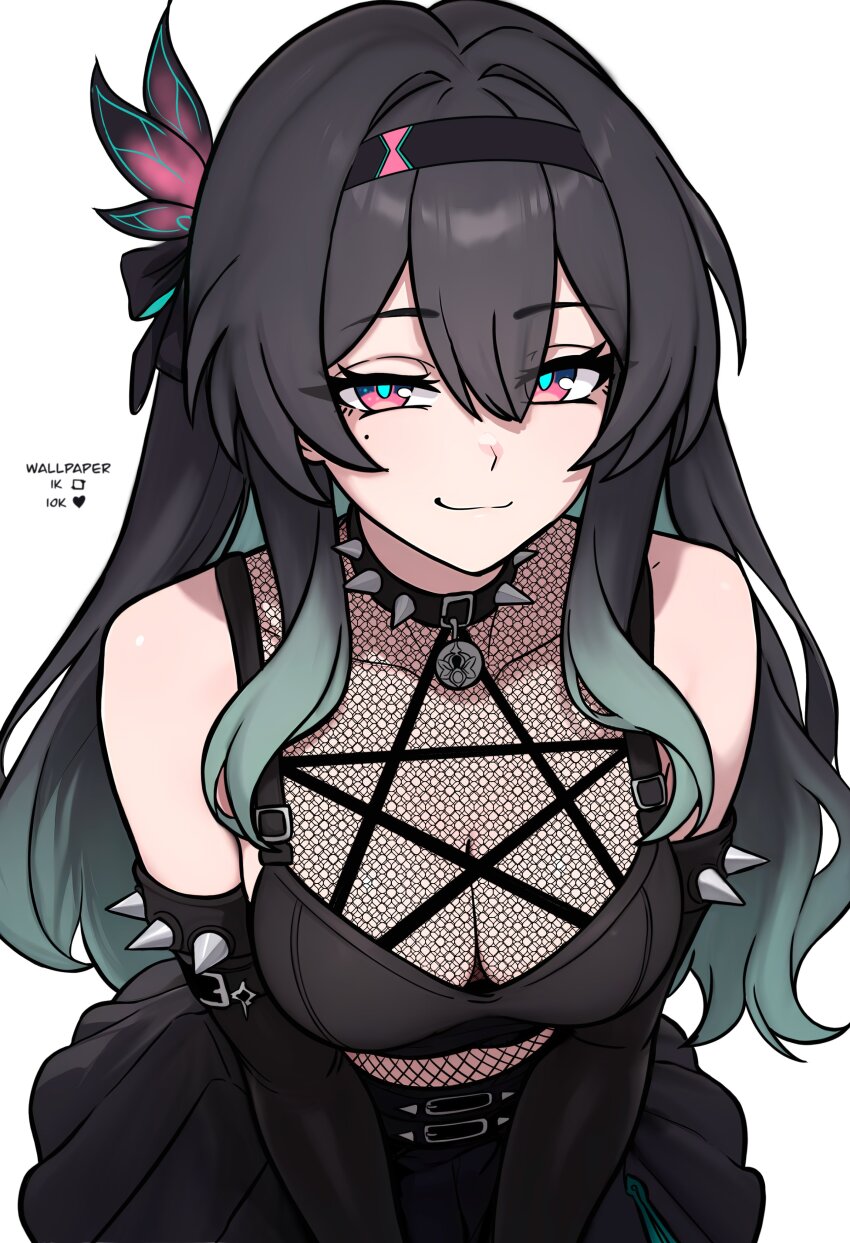 absurdres black_dress breasts choker cleavage dress emo_fashion firefly_(honkai:_star_rail) hair_between_eyes hair_ornament hairband highres honkai:_star_rail honkai_(series) mole mole_under_eye multicolored_eyes redpostit spiked_choker spikes star_(symbol)