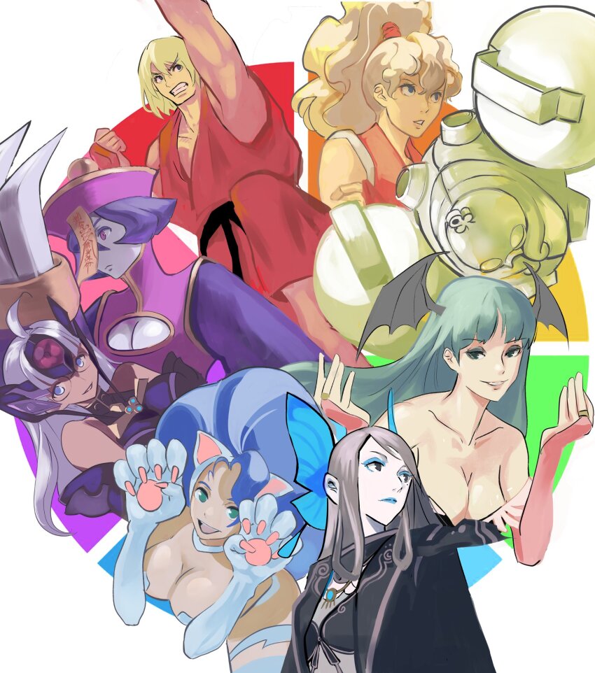 1boy 6+girls animal_ears blonde_hair blue_hair blue_lips breasts cat_ears cat_girl chinese_clothes cleavage cleavage_cutout clenched_teeth clothing_cutout color_wheel_challenge demon_girl eyeshadow felicia_(darkstalkers) final_fight final_fight_2 genryuusai_maki gi green_hair head_wings highres jiangshi ken_masters kof:_maximum_impact large_breasts hsien-ko looking_at_viewer luise_meyrink makeup meke_(77842928) morrigan_aensland multiple_drawing_challenge multiple_girls open_mouth huitzil_(darkstalkers) purple_eyes rainbow_order silver_hair smile street_fighter t-elos tagme teeth the_king_of_fighters darkstalkers wings xenosaga