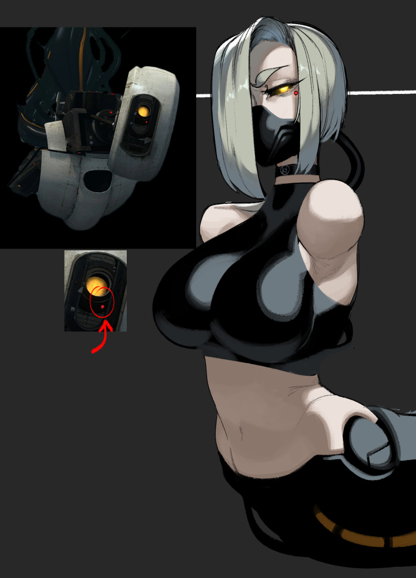 1girl arrow_(symbol) black_choker black_sclera breasts cable choker colored_sclera covered_mouth crop_top glados glowing glowing_eye grey_hair hair_over_one_eye half-closed_eye halterneck highres krekkov large_breasts looking_at_viewer mask missing_limb mole mole_under_eye mouth_mask navel no_pupils pale_skin personification portal portal_(series) portal_2 reference_inset short_hair solo torso yellow_eyes