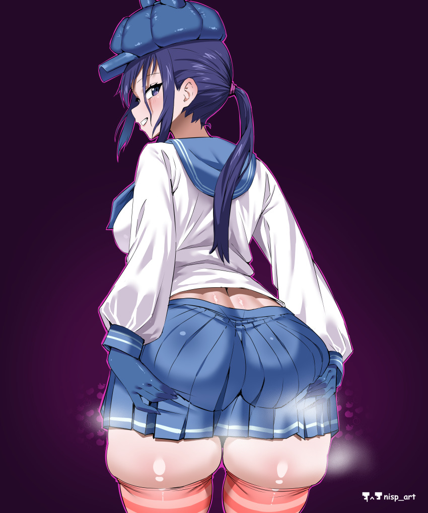 1girl absurdres blue_gloves blue_hat blue_sailor_collar blue_skirt commentary cropped_legs english_commentary gloves grabbing_own_ass hat highres long_sleeves looking_at_viewer looking_back miside nisp_art pink_thighhighs pleated_skirt ponytail purple_background purple_eyes purple_hair sailor_collar shirt sidelocks simple_background skindentation skirt smile solo standing steaming_body striped_clothes striped_thighhighs teeth thighhighs white_shirt