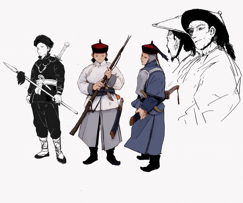 5boys absurdres beard belt black_belt black_boots blue_pants blue_shirt boots chinese_clothes chinese_commentary closed_eyes collared_shirt cropped_torso dagger dao_(weapon) facial_hair full_body grey_sleeve_cuffs hand_on_hilt hat high_collar highres holding holding_polearm holding_weapon knife layered_sleeves long_sleeves male_focus mandarin_collar multiple_boys mustache open_mouth original pants parted_lips partially_colored pointy_nose polearm qiang_(weapon) qingdai_guanmao red_hat scar scar_on_face scottkey sheath sheathed shirt short_hair simple_background smirk spear standing sword sword_on_back tassel thick_eyebrows turban weapon weapon_on_back weimao white_background white_shirt