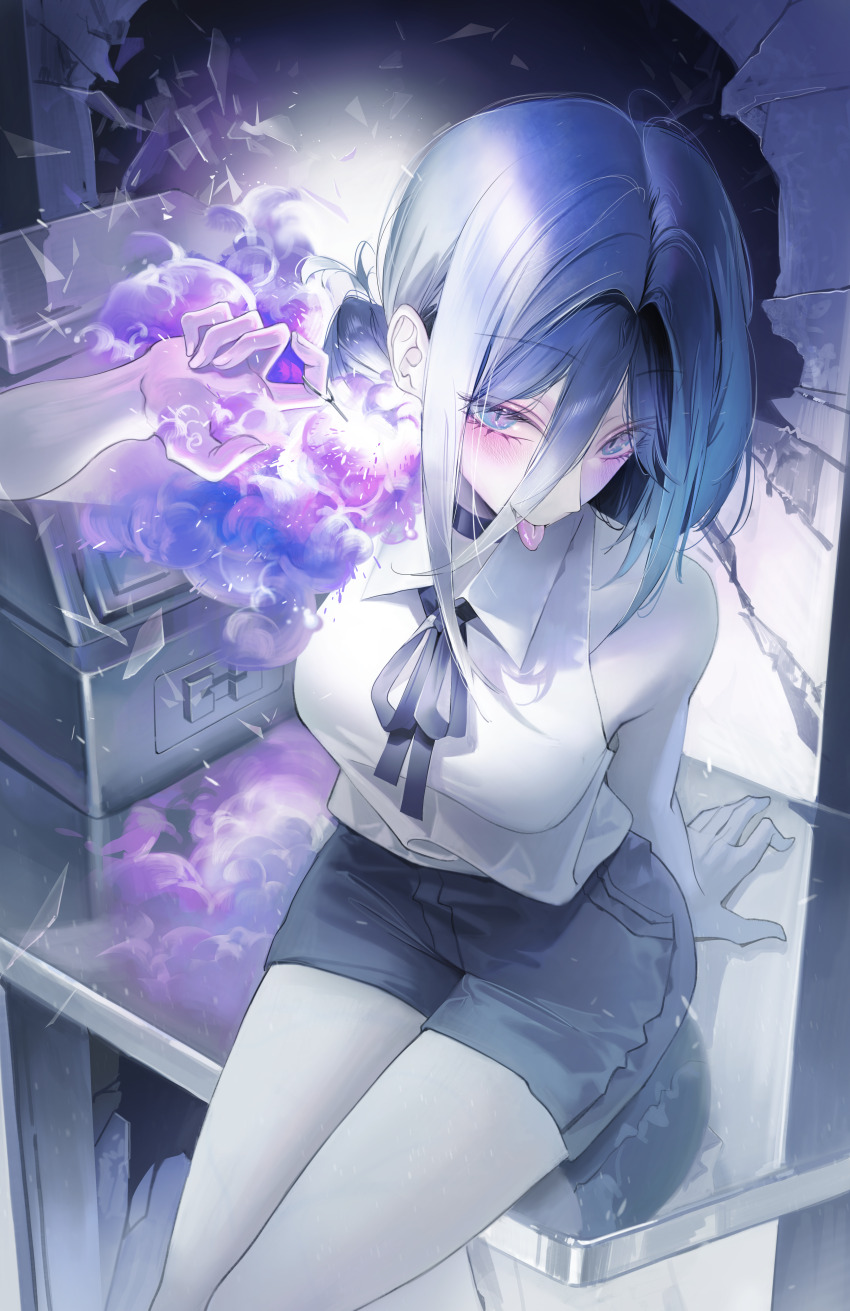 absurdres black_choker black_ribbon black_shorts blue_eyes blue_hair chainsaw_man choker glass_shards grenade_pin hair_between_eyes hair_bun highres looking_at_viewer mannerman medium_hair neck_ribbon reze_(chainsaw_man) ribbon shirt short_shorts shorts sitting sleeveless sleeveless_shirt solo tongue tongue_out