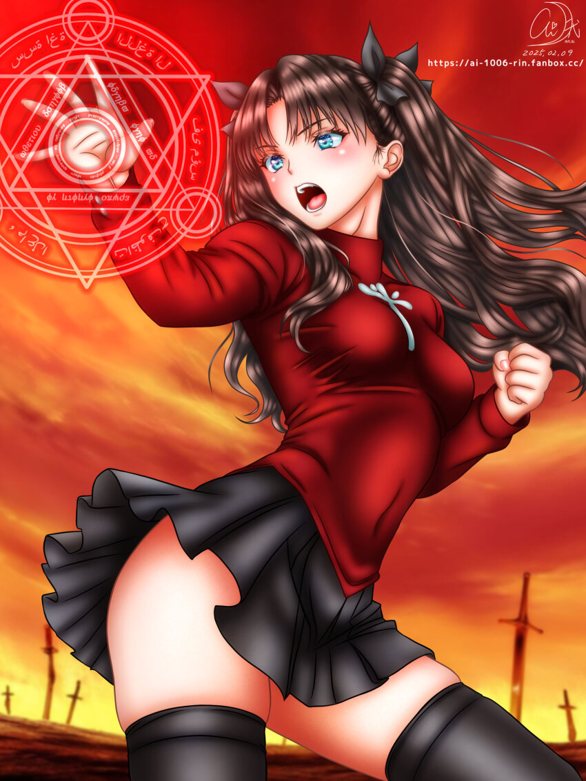 1girl :o absurdres black_skirt black_thighhighs blue_eyes breasts brown_hair clenched_hand covered_navel cowboy_shot fate/stay_night fate_(series) fighting_stance hair_ribbon highres long_hair magic_circle medium_breasts miniskirt multiple_swords open_hand open_mouth ouran396 pleated_skirt red_shirt red_sky ribbon shirt skirt sky solo taut_clothes taut_shirt thighhighs thighs tohsaka_rin turtleneck two_side_up unlimited_blade_works_(reality_marble) zettai_ryouiki